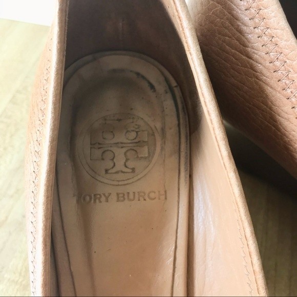 TORY BURCH Peep Toe Wedge Pump Sally 2 Leather Heels Tan Gold Shoes - Picture 7 of 14